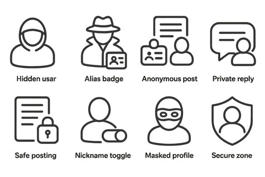 Anonymous Icons Collection. Line style icons of anonymous communities: hidden user, alias badge, anonymous post, private reply,