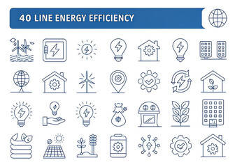 Line art illustration showcasing various energy efficiency and sustainability icons in a grid layout