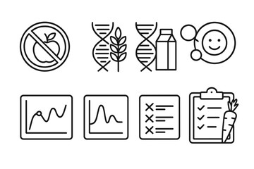 DNA-Based Nutrition Icons. Line style icons of DNA-based nutrition: food intolerance badge, gluten gene marker, lactose