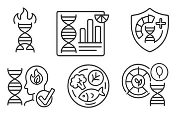 DNA Nutrition Icons. Line style icons of DNA-based nutrition: anti-inflammatory gene icon, food inflammation chart, immune diet