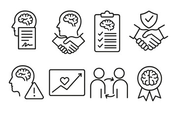 Fototapeta premium Psychology Business Icons. Line style icons of psychology in business: psychological contract icon, unspoken agreement paper,