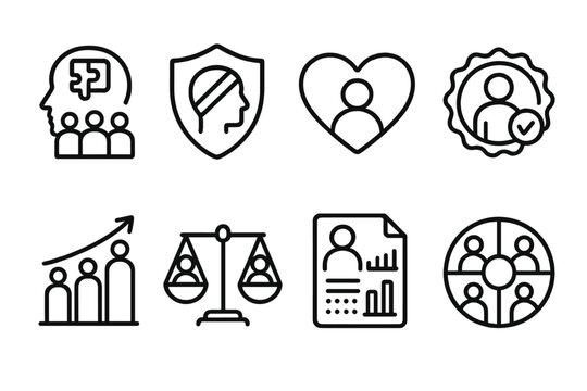 Psychology in Business Icons. Line style icons of psychology in business: diversity and inclusion psychology, unconscious bias