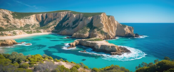 Aerial view of a stunning coastal landscape with turquoise waters and rugged cliffs under a clear blue sky.