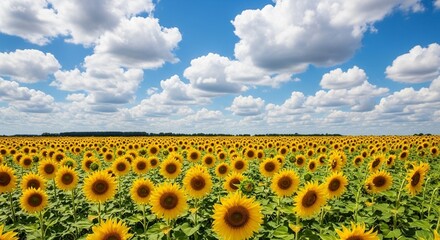Expansive Sunflower Field Under a Cloudy Blue Sky