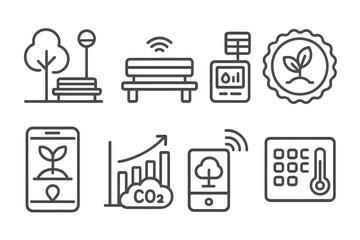 Smart City Icons. Line style icons of smart cities and urban systems: green public space icon, smart park bench, air quality