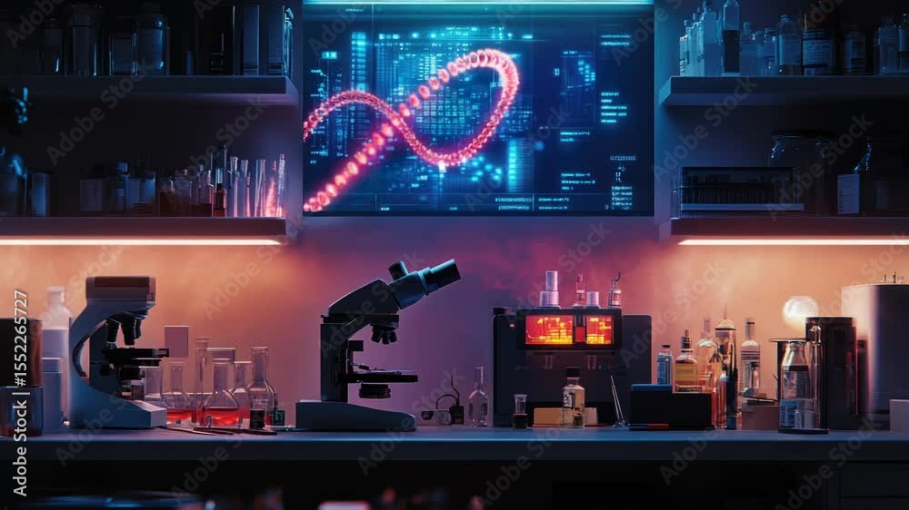 Poster a microscope and various glassware sit on a laboratory counter