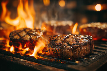 extreme close-up steaks cooking over flaming grill