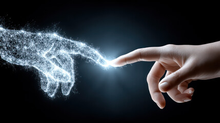 Two digital hands touching, creating fantastic electric sparkle