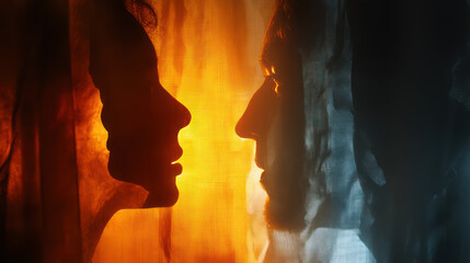 Two persons, romantic couple silhouettes