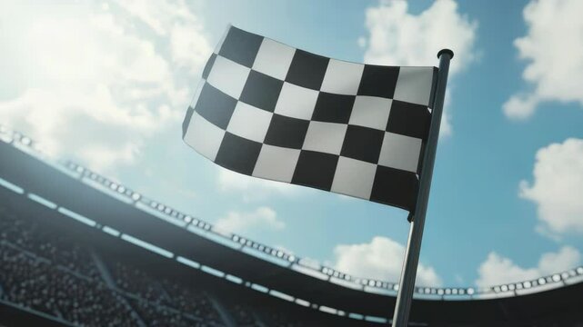 A checkered flag is flying in the air above a stadium full of people. The flag is black and white with a red circle in the middle. The stadium is filled with people watching the flag