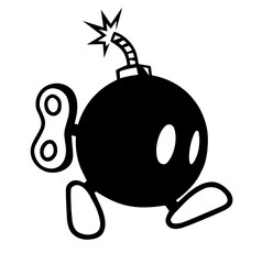 Cartoon Walking Bomb Character with Fuse and Wind-Up Key – Danger, Countdown, Explosive Energy, Retro Video Game Character, and Urgency in Humorous or Gaming
