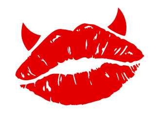Red Lip Print with Devil Horns – Seduction, Temptation, Passion, and Flirty Devilish Charm for Romantic, Erotic, or Provocative Design Concepts Related to Love, Desire, and Sensual Playfulness