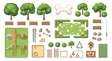 Top View Park Playground Design Elements Green Trees Wooden Benches Sandbox
