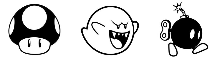 Cute Retro Game Character Set – Cartoon Mushroom, Ghost and Wind-Up Bomb Silhouettes