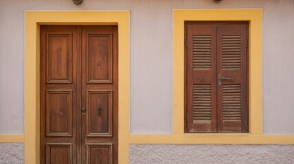 Rustic wooden door and shuttered window with yellow trim on pastel wall