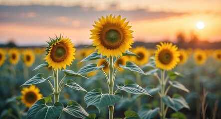 Fototapeta premium Beautiful young sunflower grow in a field at sunset with agricultural crops, yellow flowers, and natural background, featuring empty copy space for text