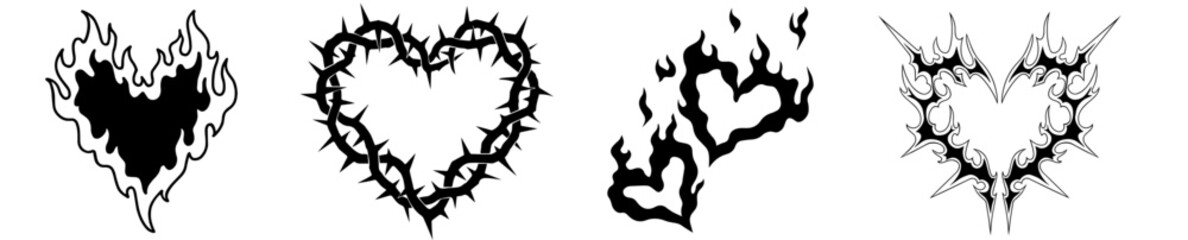 Gothic Heart Symbol Set with Flames, Thorns, and Barbed Wire – Expressing Broken Love, Passion, Emotional Pain, Dark Romance, Heartache