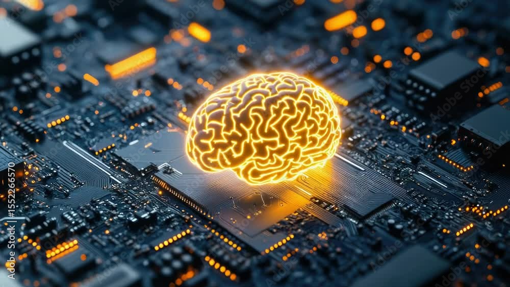 Aufkleber a futuristic computer motherboard featuring a glowing brain component, perfect for illustrations abo