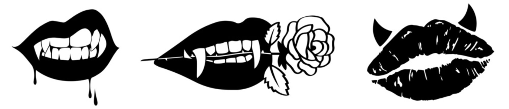 Vampire and Devil Lips Set &ndash; Erotic Gothic with Fangs, Blood, Rose, Horns, Seduction, Dark Romance, Forbidden Desire, and Adult Passion for 18+ Content, Sexy Branding
