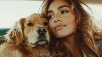 A woman shares a tender moment with her golden retriever inside a vehicle, capturing the love and companionship between humans and pets amidst a warm environment.