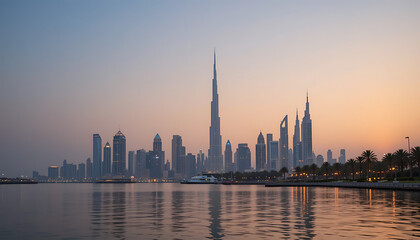 Obraz premium Seattle skyline at sunset, Dubai skyline comes alive in a dramatic fusion of light and form. Towering high-rise buildings and futuristic architecture, 4K image