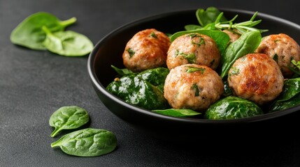 A mouth-watering dish featuring meatballs garnished with fresh spinach leaves, beautifully arranged in a sleek black bowl, highlighting culinary elegance and flavor.