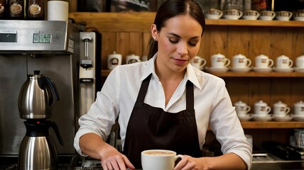 A barista making coffee in a coffee shop.