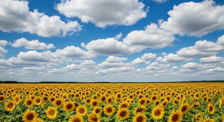 Expansive Sunflower Field Under a Cloudy Blue Sky