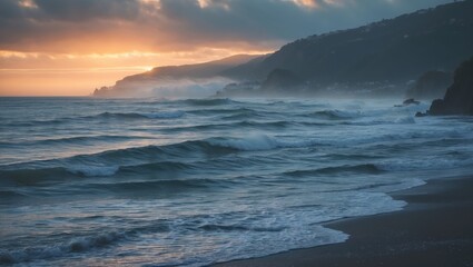 Fototapeta premium Coastal sunrise over ocean waves with empty space for text