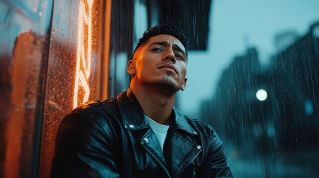 This image captures a young man in a leather jacket looking contemplative amid a rainy urban backdrop, illuminated by neon lights, highlighting emotion and character in the city. - Powered by Adobe