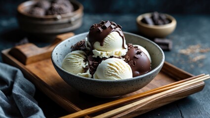 A Bowl of ice cream coated with dark chocolate served with chopsticks on a wooden tray with empty space for text