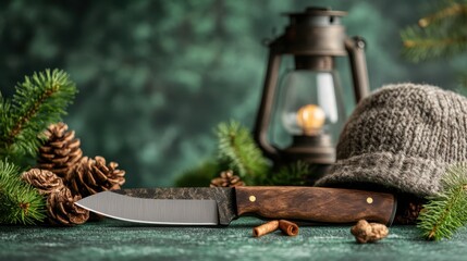 An artistic composition showcases a beautiful knife set amidst cozy winter elements like pinecones and a lantern, creating a warm and inviting atmosphere perfect for the holidays.