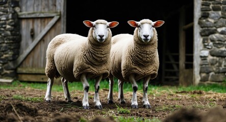 Fototapeta premium Two Sheep In The Barnyard on Old Stone Barn with Empty Copy Space For Text