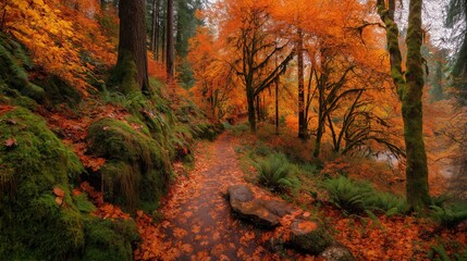 Fototapeta premium Autumn leaves cover forest trail in scenic deciduous woodlands. AI generated.