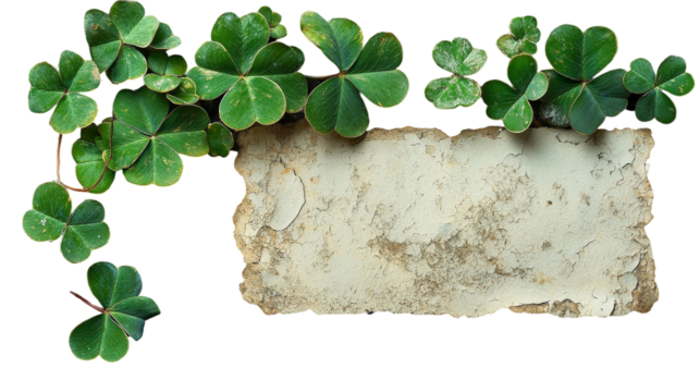 Green clover leaves growing around a textured stone surface with a worn-out background adding a touch of nature to designs and compositions
