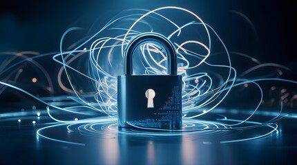 Digital Shield: A conceptual image of a lock overlaid with glowing lines, showcasing the core of security and privacy, data safety.