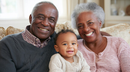 Portrait of african grandparents smiling with young grandchild. Heartwarming expression of love, cultural heritage, and generational connection in family setting. National grandparents day.