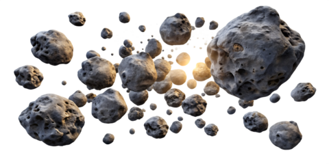 Cluster of textured gray and beige asteroids with craters floating in space isolated on a transparent background