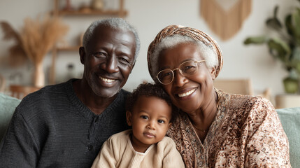 Portrait of african grandparents smiling with young grandchild. Heartwarming expression of love, cultural heritage, and generational connection in family setting. National grandparents day.