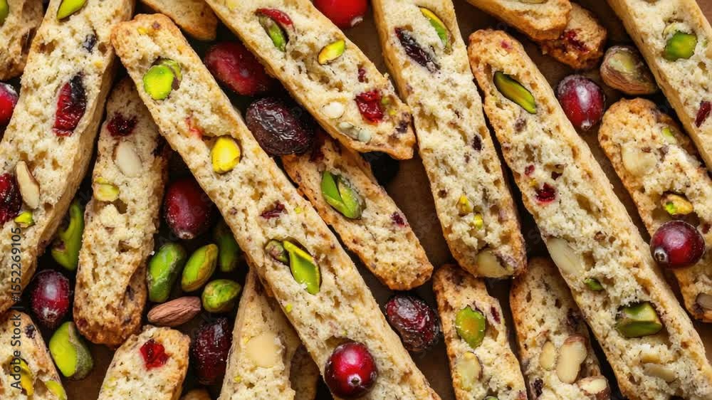 Aufkleber Freshly baked bread sticks topped with crunchy nuts and sweet cranberries, perfect for snacking or as a garnish