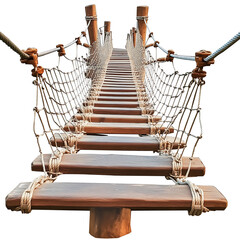 A wooden suspension bridge with sturdy ropes and a clear perspective leading into the distance. Isolated on transparent white background, png