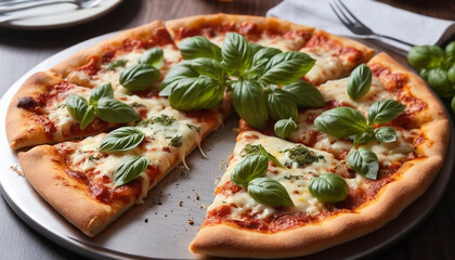Crispy cheese pizza with herbs on table