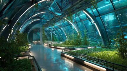 Futuristic Indoor Greenhouse Modern Hydroponic Farm Growing Plants Technology Eco Friendly Sustainable Agriculture Design Architectural Interior Space Green Lush Vegetation        
