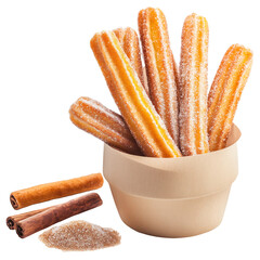 Delicious churros in a wooden cup, with cinnamon sticks and sugar nearby, showcasing a tempting dessert. Isolated on transparent white background, png