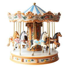 Charming vintage carousel with beautifully painted horses in soft pastel colors. Isolated on transparent white background, png