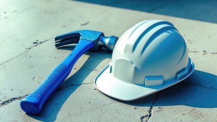 Blue hammer and white hard hat on light concrete surface, safety measures concept with blank space for text