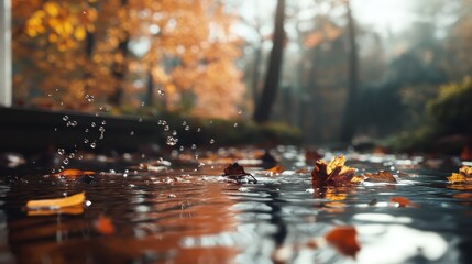 A stunning close-up of colorful autumn leaves floating on quiet water, creating a serene and reflective atmosphere infused with the beauty of nature's seasonal change.