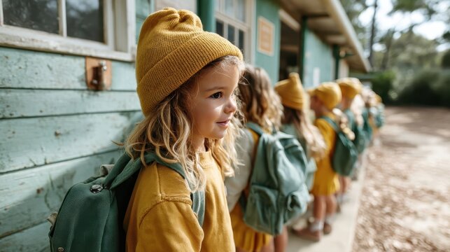 A group of cheerful children wearing yellow outfits and carrying backpacks, showcasing innocence and excitement as they line up at a colorful school for a fun day ahead. - Powered by Adobe