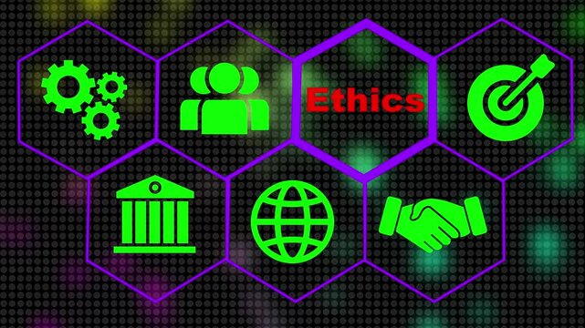  4k animation. on black background and 4collar animation. A Business Ethics concept. Hi tech motion graphic background, white flickering dots on dark background.