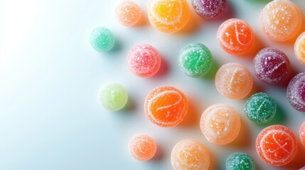 Fototapeta premium Vibrant sugar-coated candies in assorted colors are scattered playfully on a light background, evoking feelings of joy, indulgence, and the sweetness of childhood memories.
